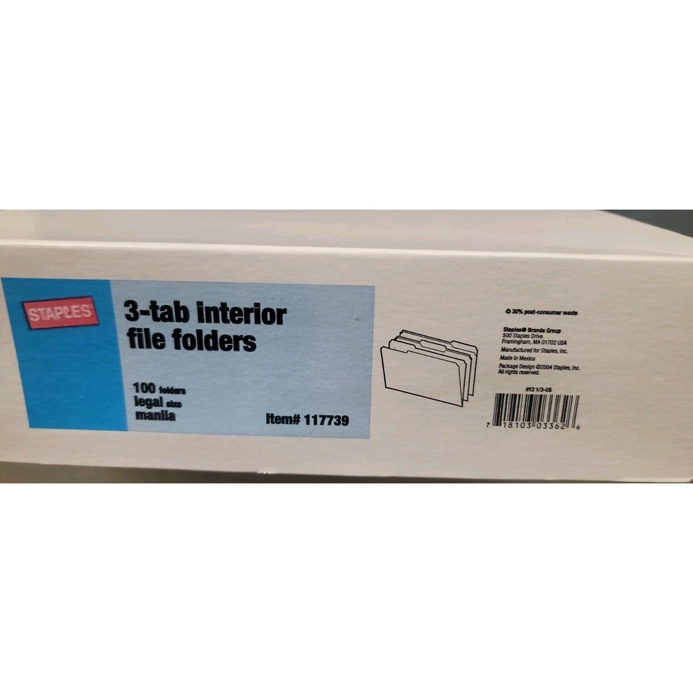 100 Staples 3-Tab Interior File Folder Legal Size Manilla New In Box!